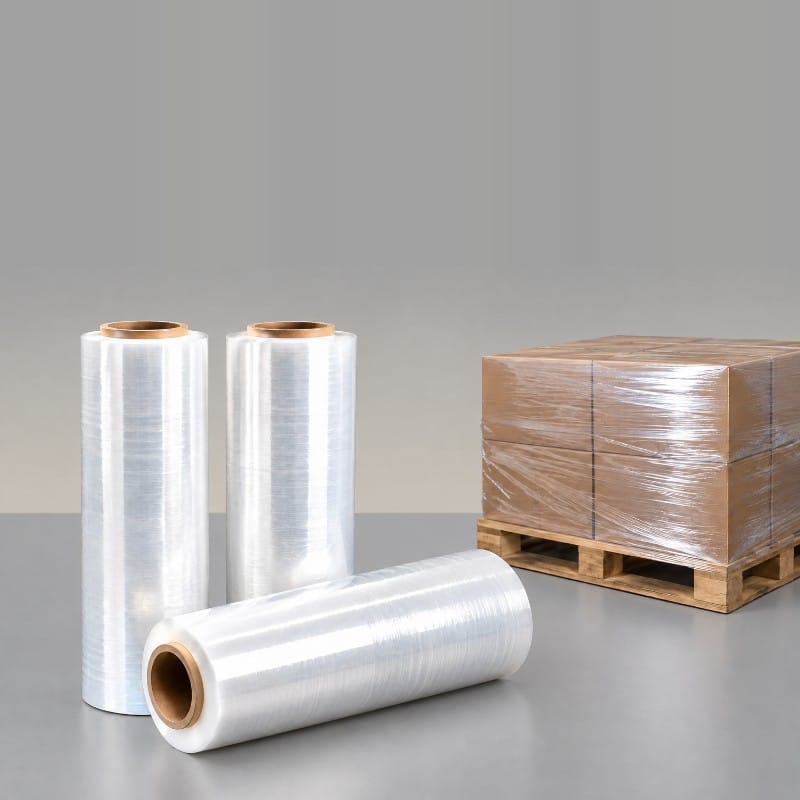Clear stretch wrap film rolls and a stretch-wrapped pallet